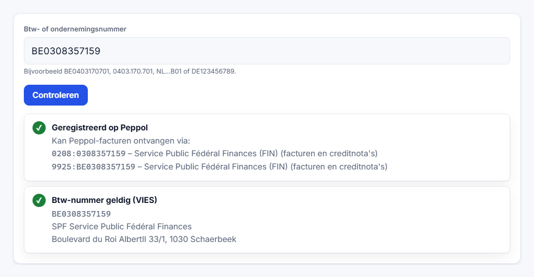 Peppol- en btw-check van Factuurkit met resultaat voor ondernemingsnummer 0308.357.159