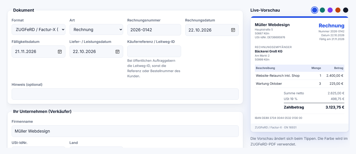 Formular zum Erstellen einer ZUGFeRD-Rechnung mit Live-Vorschau