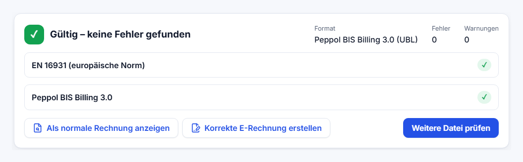 Ergebnis des E-Rechnungs-Validators: gültig, keine Fehler